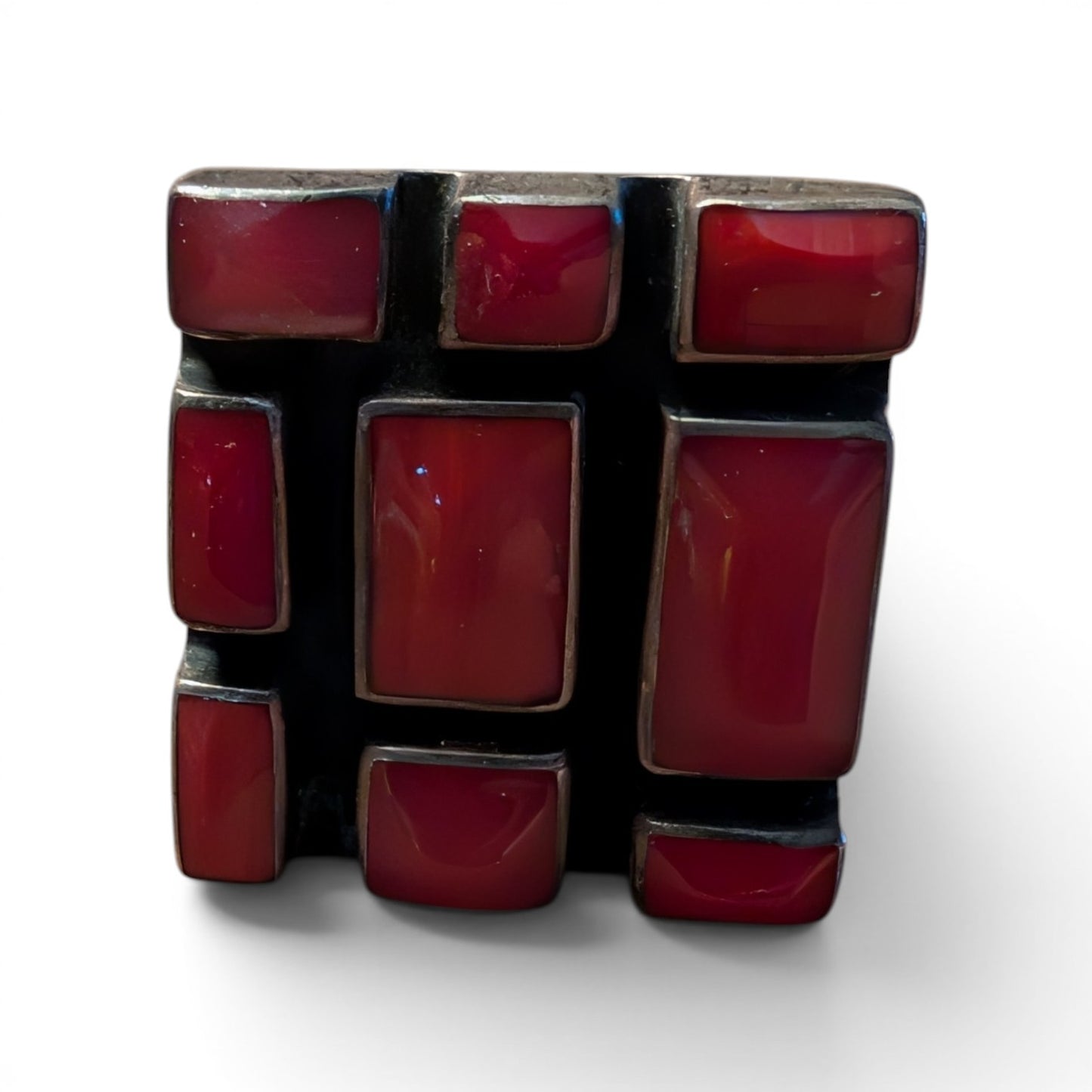 Vintage Italian Modernist Red Mosaic Statement Ring – Adjustable Sterling Silve