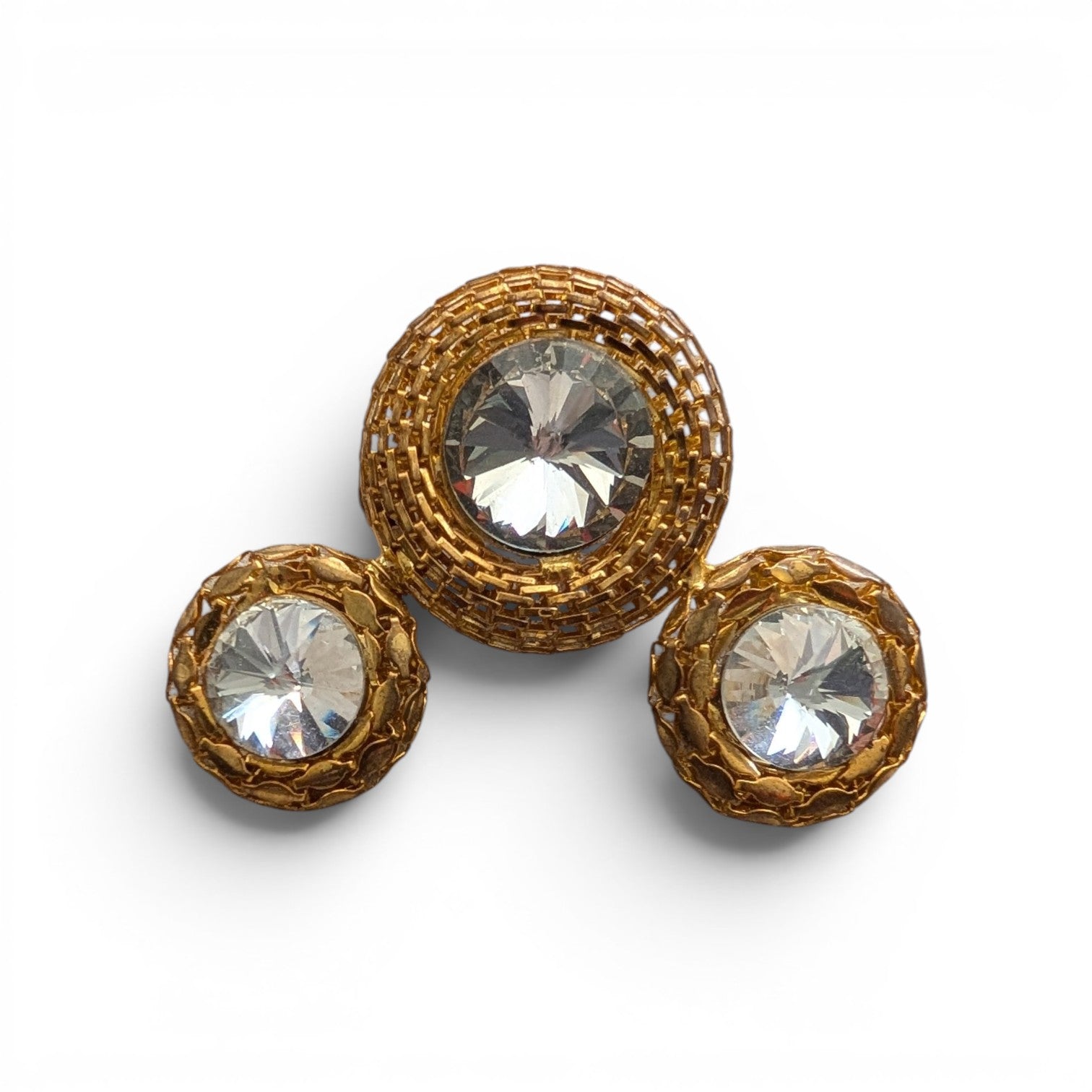 Vintage 1980s Florence Market Crystal Statement Pin – Textured Gold-Tone Brooch