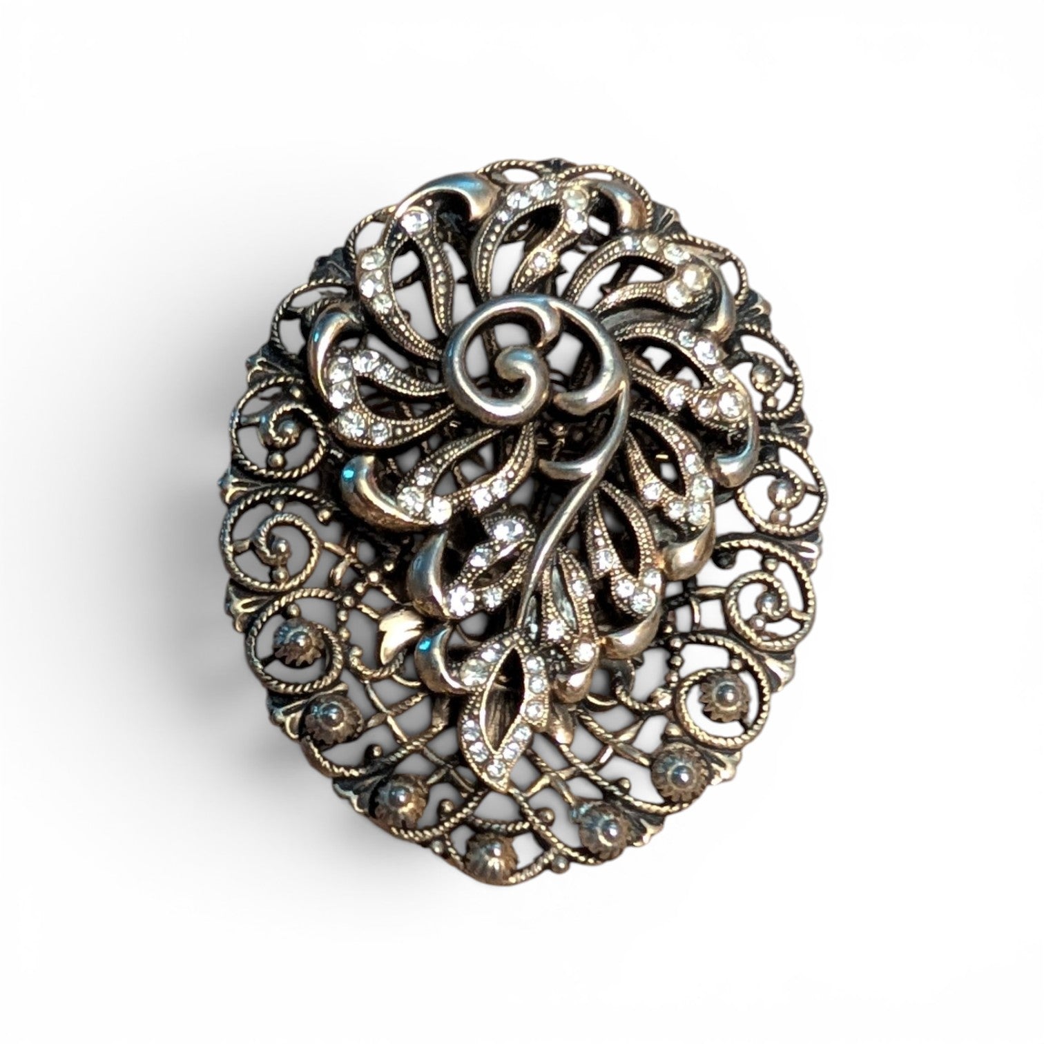 Vintage Gold Tone Rhinestone Filigree Brooch  Art Deco Swirl
