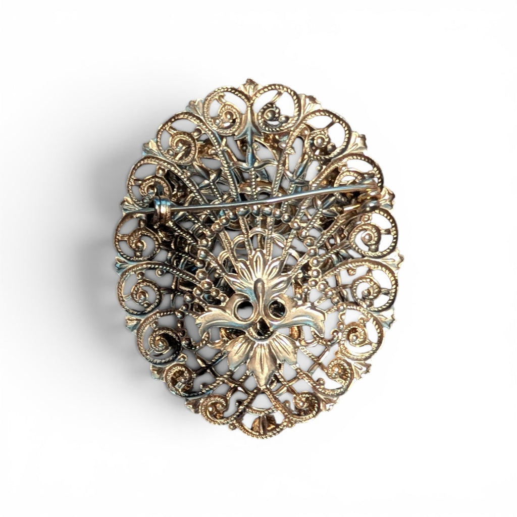 Vintage Gold Tone Rhinestone Filigree Brooch  Art Deco Swirl