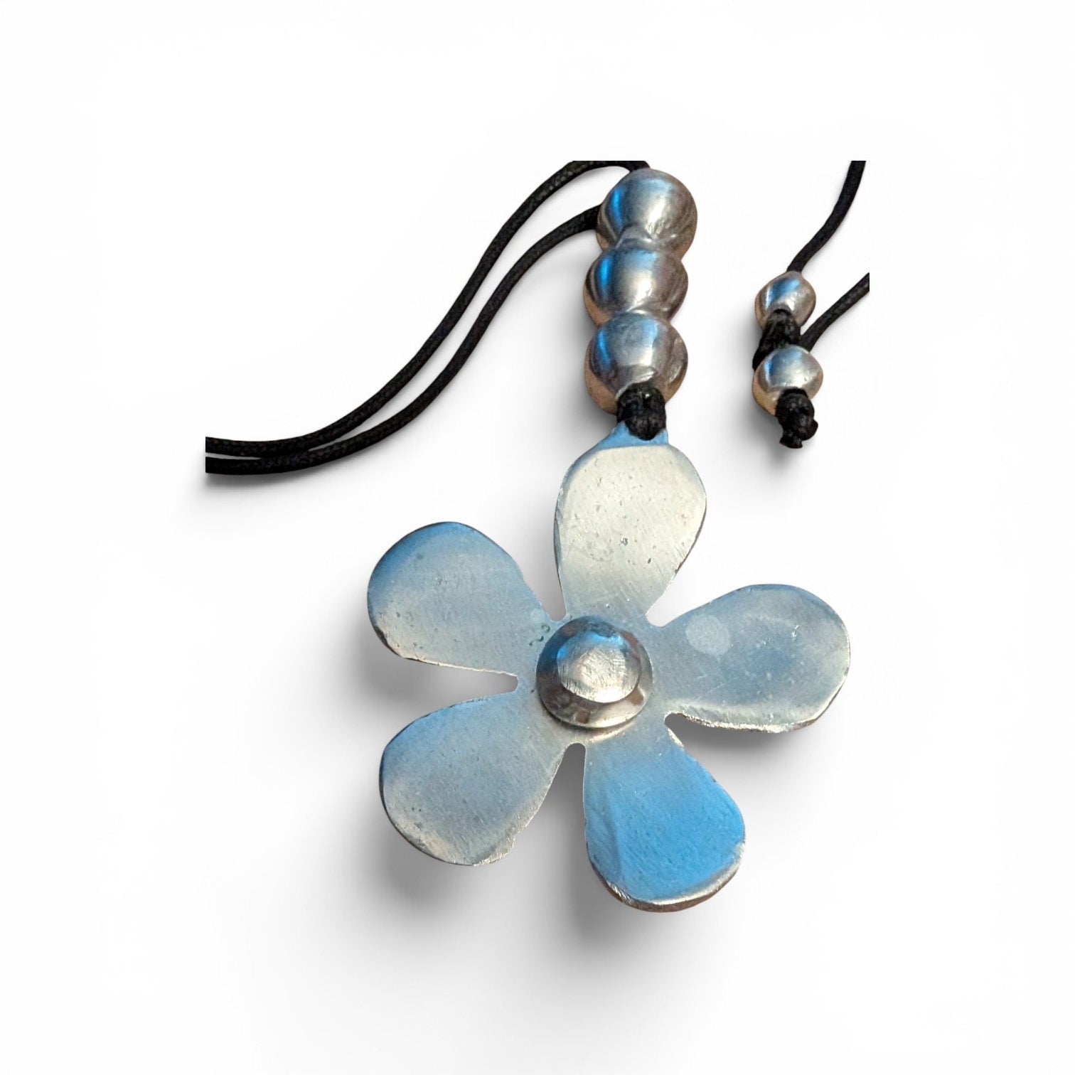 Recycled Tin Flower Pendant Necklace on Black Cord  Found in Bologna