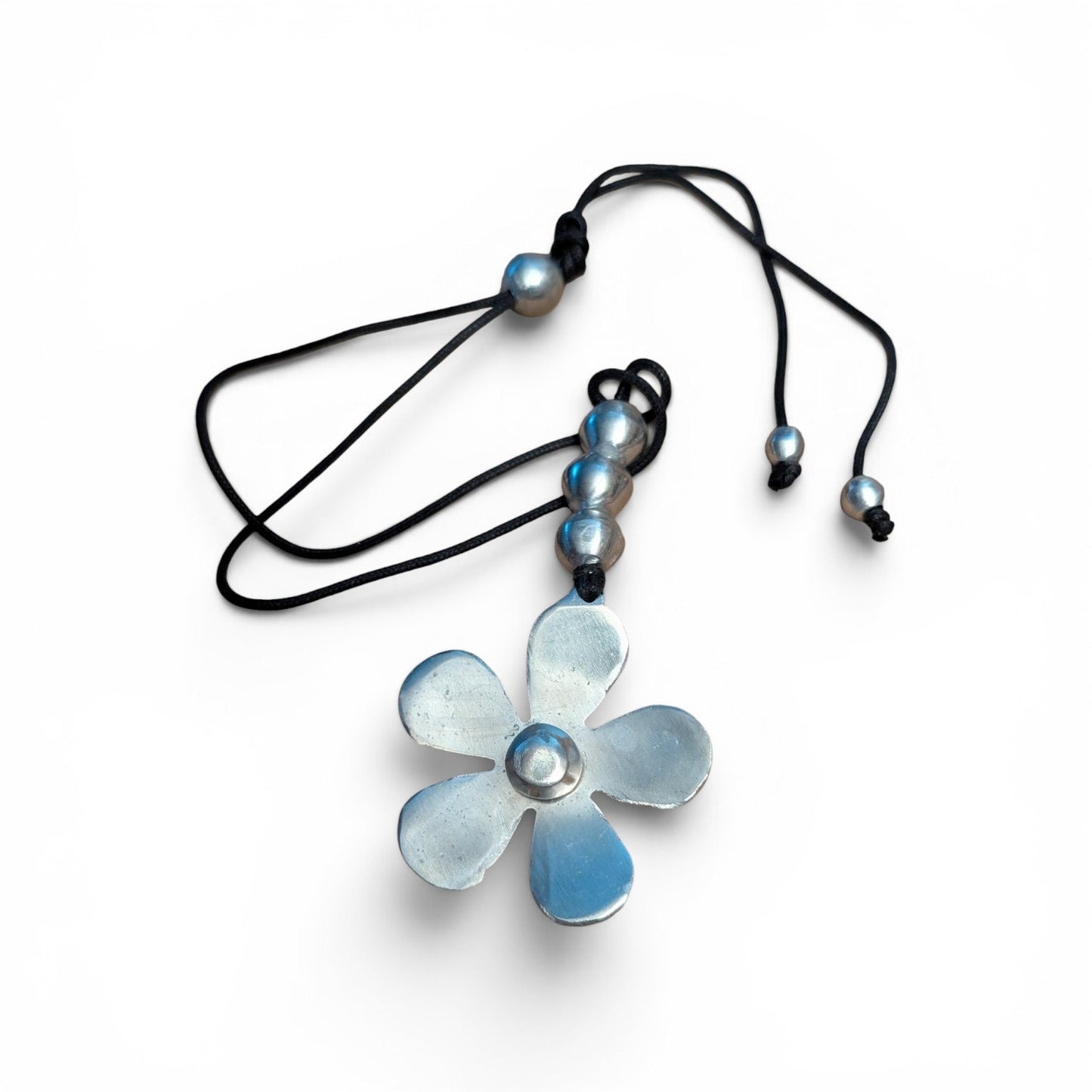 Recycled Tin Flower Pendant Necklace on Black Cord  Found in Bologna
